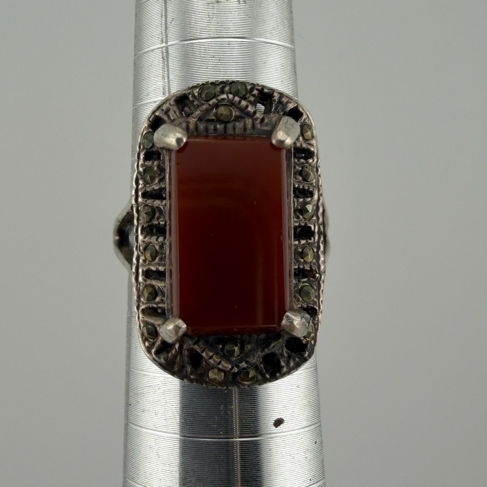 Vintage Sterling Silver Carnelian Marcasite Ring Size 8 Red Agate Art Deco